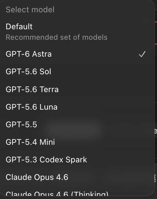 Codex App 模型选择器效果示例，列表中显示 GPT-6 Astra 等模型